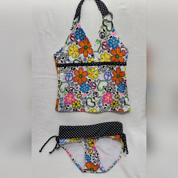 NWOT Justice Girl's White Black Orange Two Piece‎ Peace & Love Swimsuit Size 6 - Picture 1 of 7